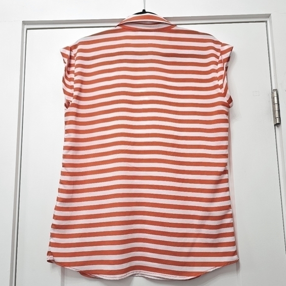 New York & Company Orange Coral White Striped Short Cap Sleeve V Neck Blouse - Picture 7 of 9